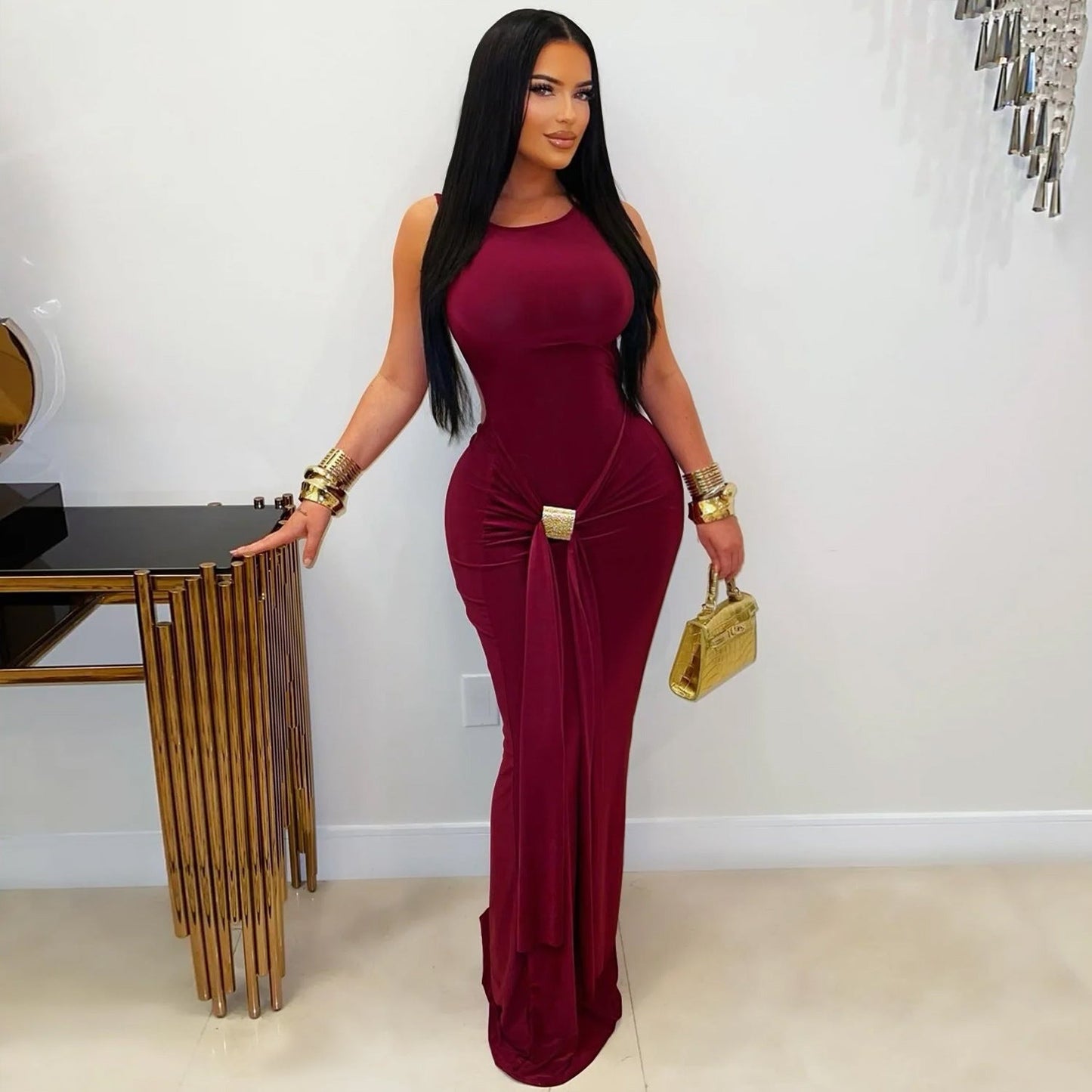 Fashion Women's Elegant Solid Color Slim Backless Dress