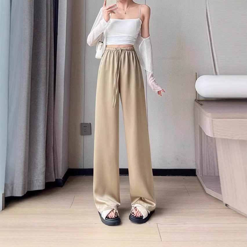 Lightweight High-Waisted Ice Silk Satin Wide-Leg Straight Pants