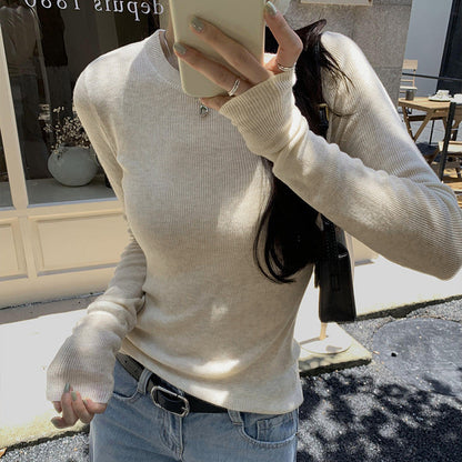 Solid Color Slim Fit Basic Tee for Women Round Neck Inner Knitwear