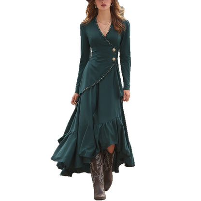 French-style Women's Casual V-Neck Long-Sleeve Dress