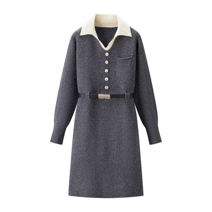 Elegant waist cinching slimming fake two-piece knitted skirt