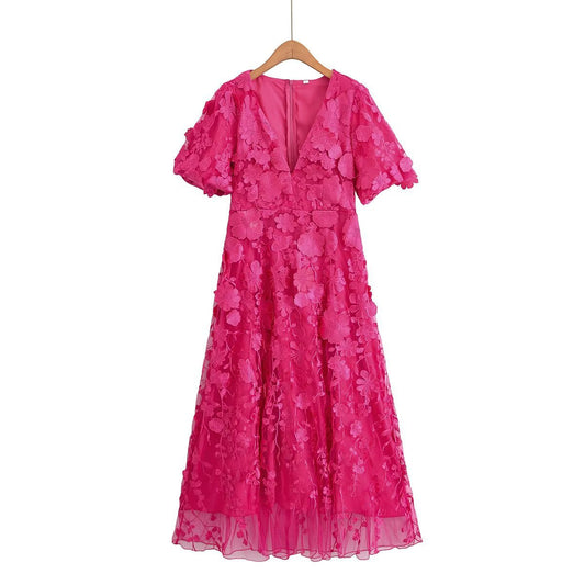 Three dimensional flower V-neck short sleeved long dress