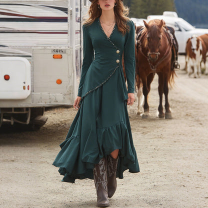 French-style Women's Casual V-Neck Long-Sleeve Dress