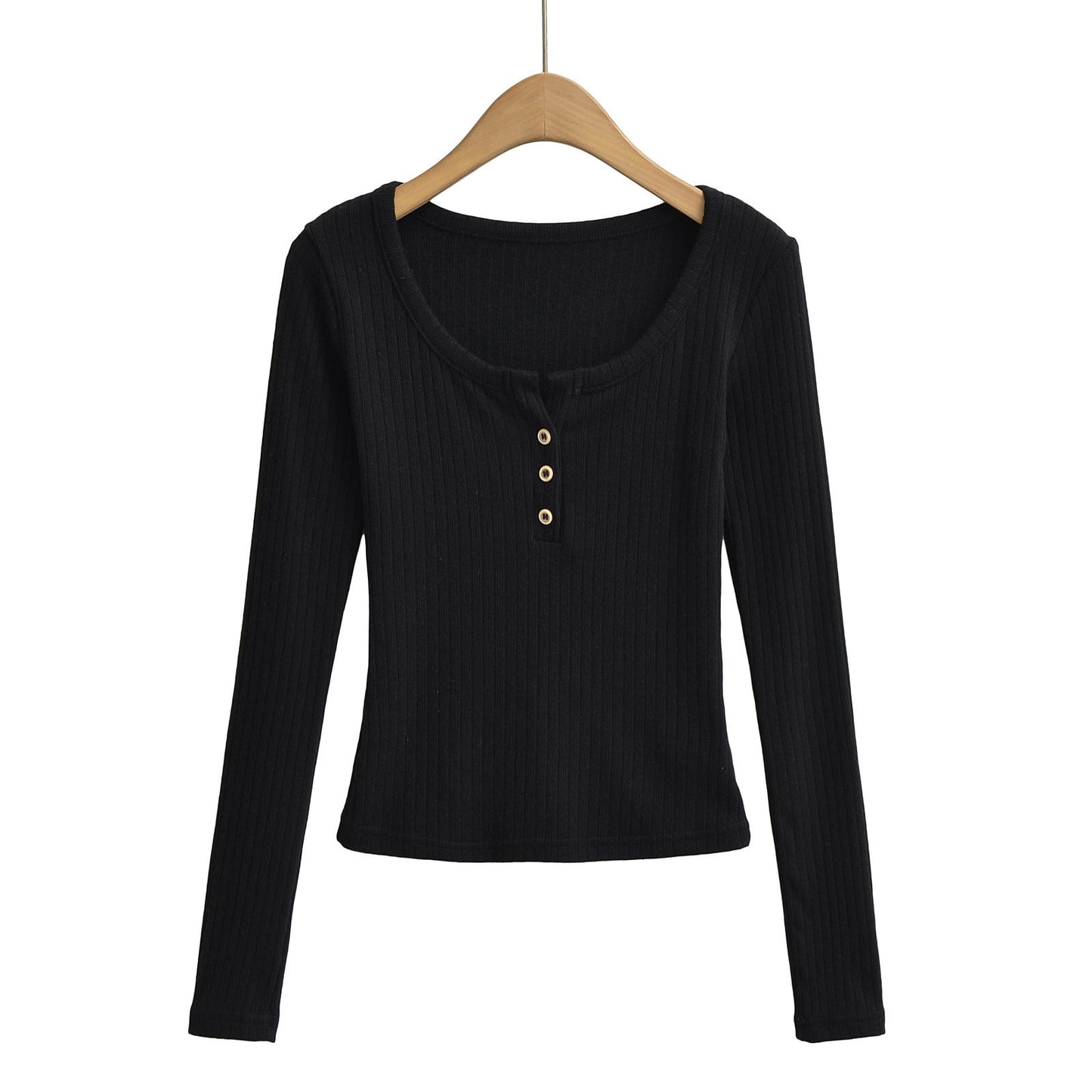 Ladies' Leisure Round-Neck Buttoned Long-Sleeve Shirt
