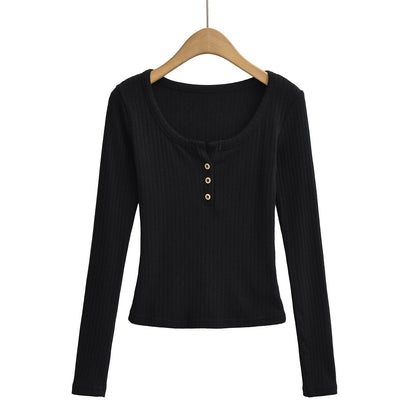 Ladies' Leisure Round-Neck Buttoned Long-Sleeve Shirt