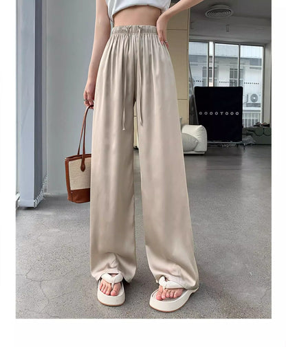 Lightweight High-Waisted Ice Silk Satin Wide-Leg Straight Pants