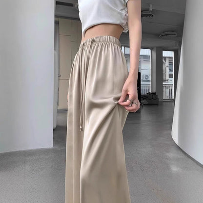 Lightweight High-Waisted Ice Silk Satin Wide-Leg Straight Pants