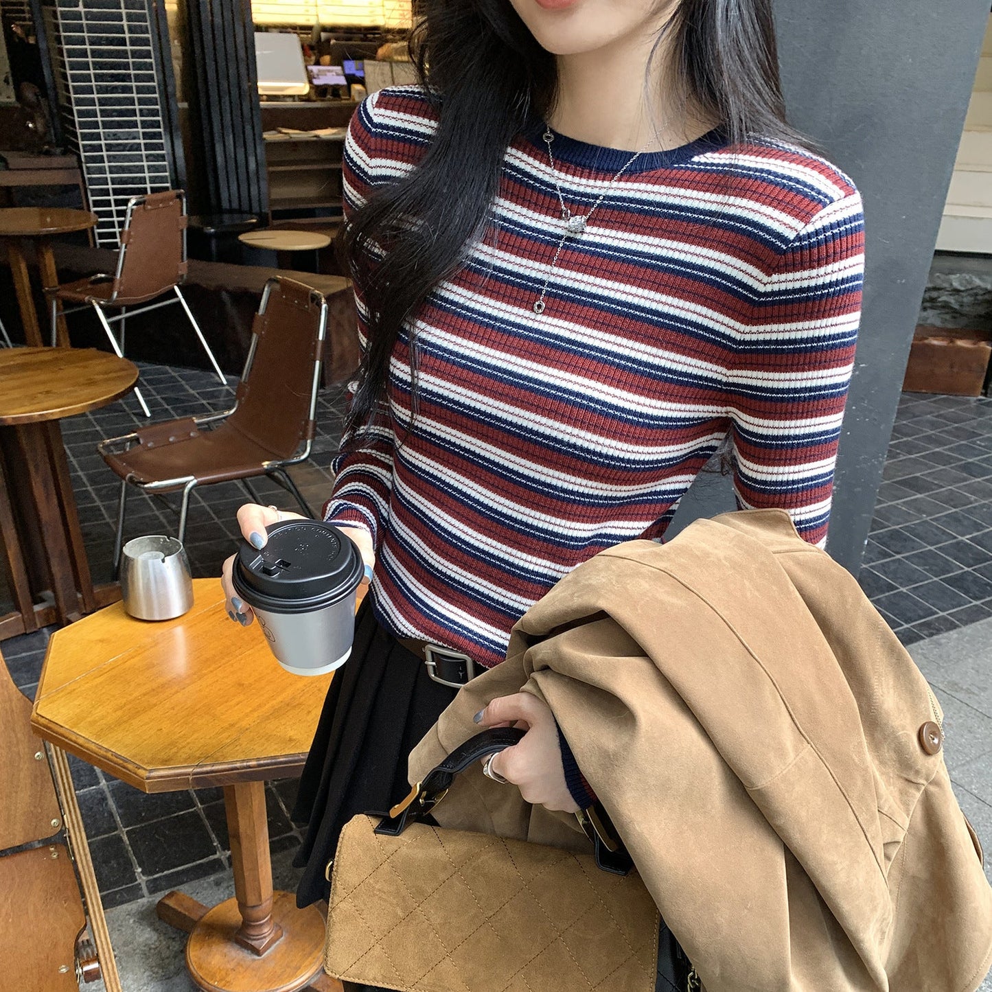 Women's striped crewneck knit top, slim-fit