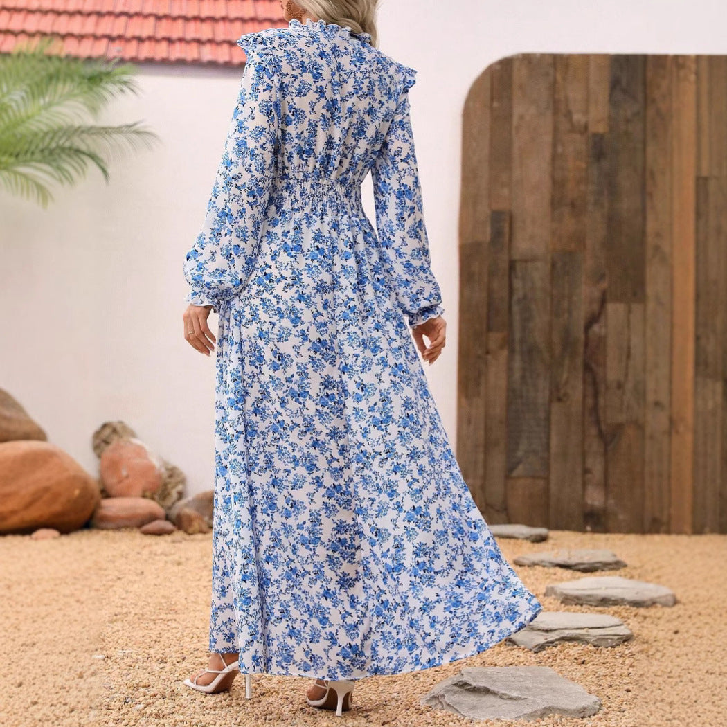 Elegant Lady Corset Long-Sleeved Floral Print Dress