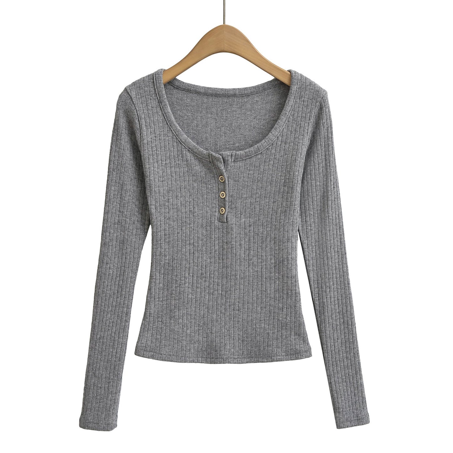 Ladies' Leisure Round-Neck Buttoned Long-Sleeve Shirt