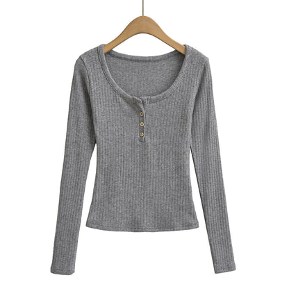 Ladies' Leisure Round-Neck Buttoned Long-Sleeve Shirt