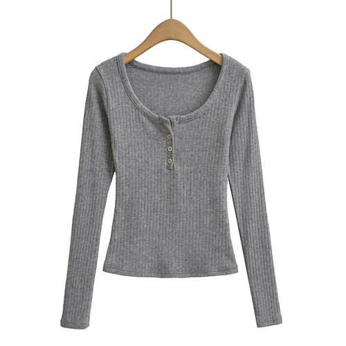 Ladies' Leisure Round-Neck Buttoned Long-Sleeve Shirt