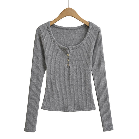 Ladies' Leisure Round-Neck Buttoned Long-Sleeve Shirt