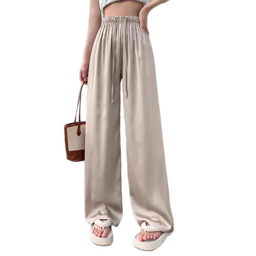 Lightweight High-Waisted Ice Silk Satin Wide-Leg Straight Pants