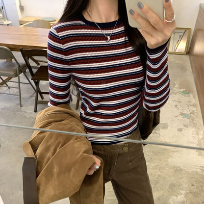 Women's striped crewneck knit top, slim-fit