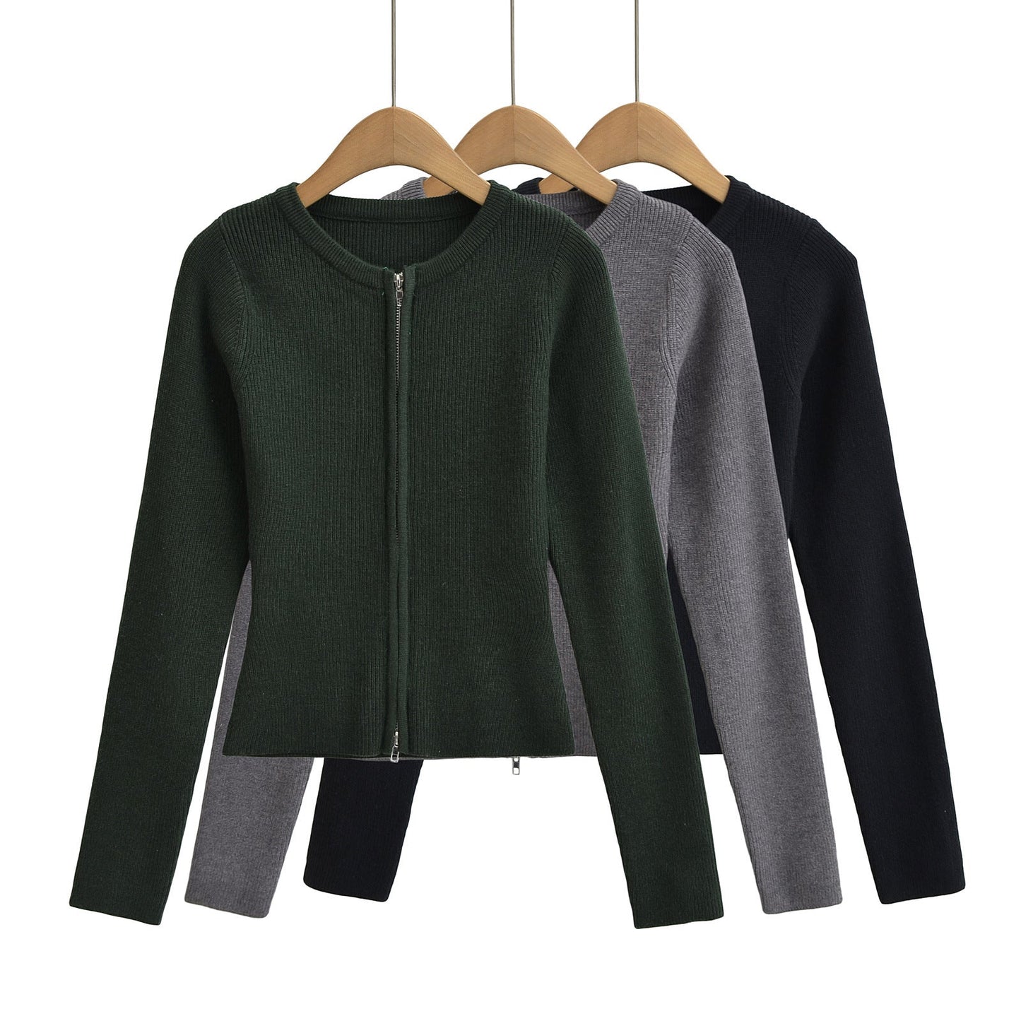 Round neck long sleeved slim fit short cardigan sweater