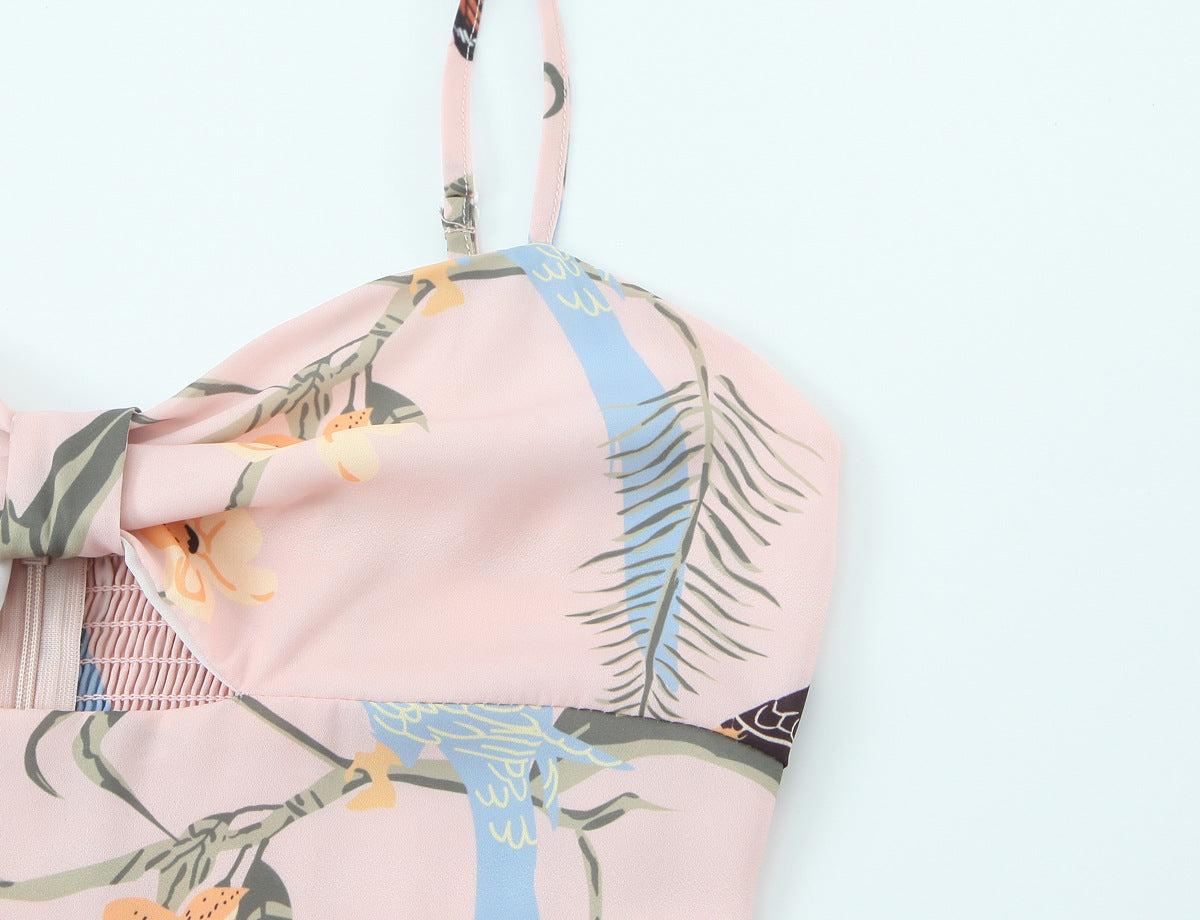 Floral print split suspender dress, long skirt