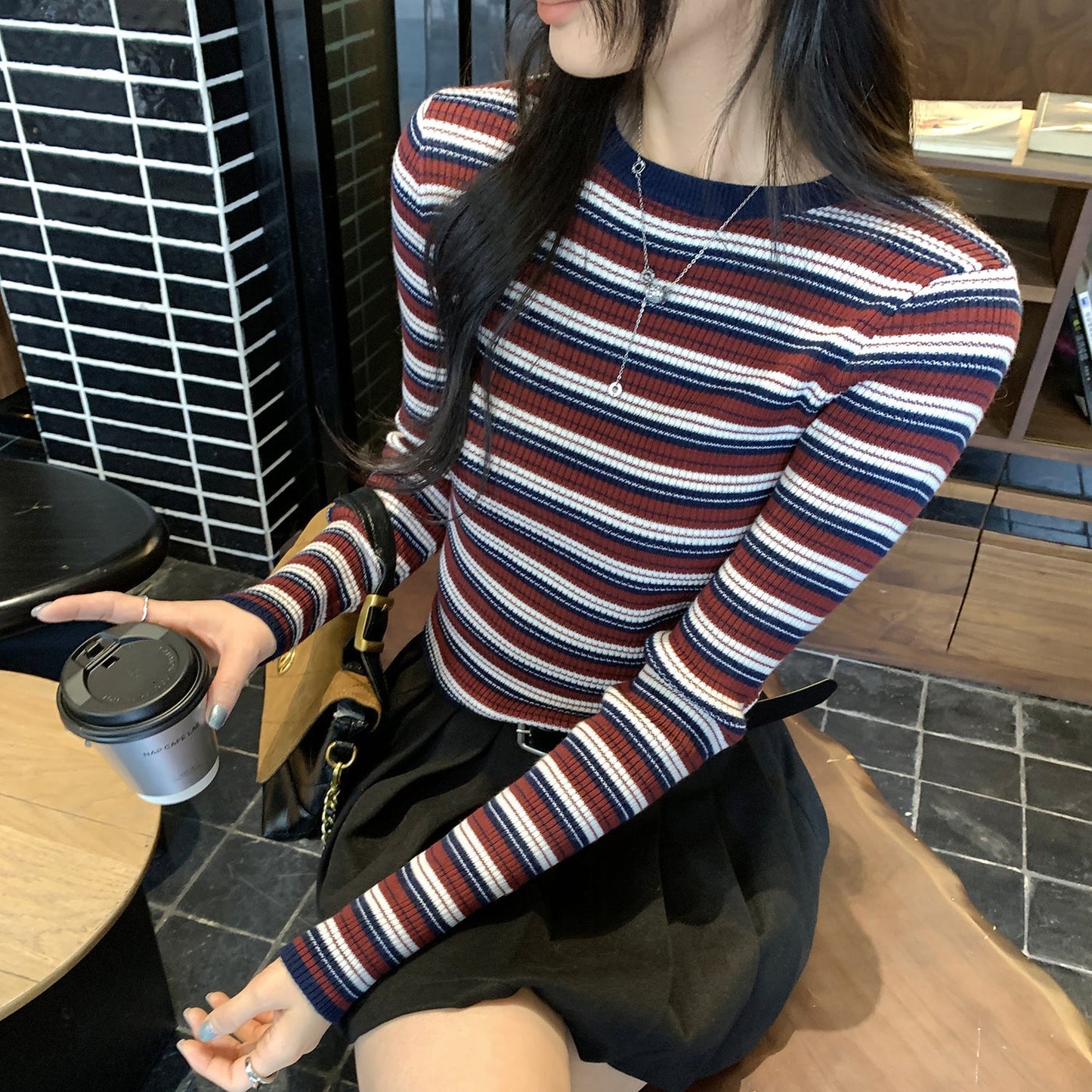 Women's striped crewneck knit top, slim-fit