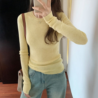 Solid Color Slim Fit Basic Tee for Women Round Neck Inner Knitwear