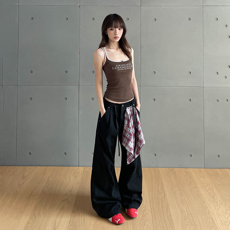 Checkered Patchwork Denim Pants, Vintage Loose Pleated Pants