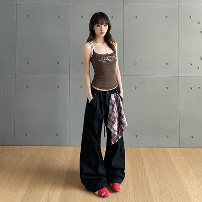 Checkered Patchwork Denim Pants, Vintage Loose Pleated Pants