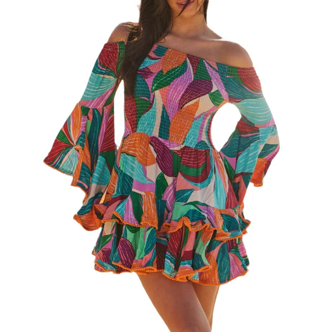 Printed one-shoulder split-sleeve ruffled full-print long-sleeve dress