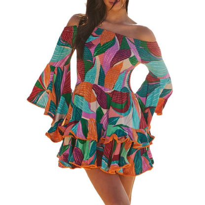 Printed one-shoulder split-sleeve ruffled full-print long-sleeve dress