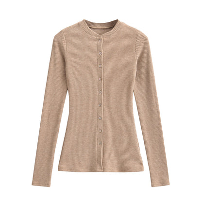 Round neck single breasted slim fit cardigan top