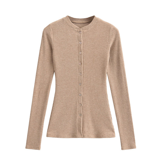 Round neck single breasted slim fit cardigan top