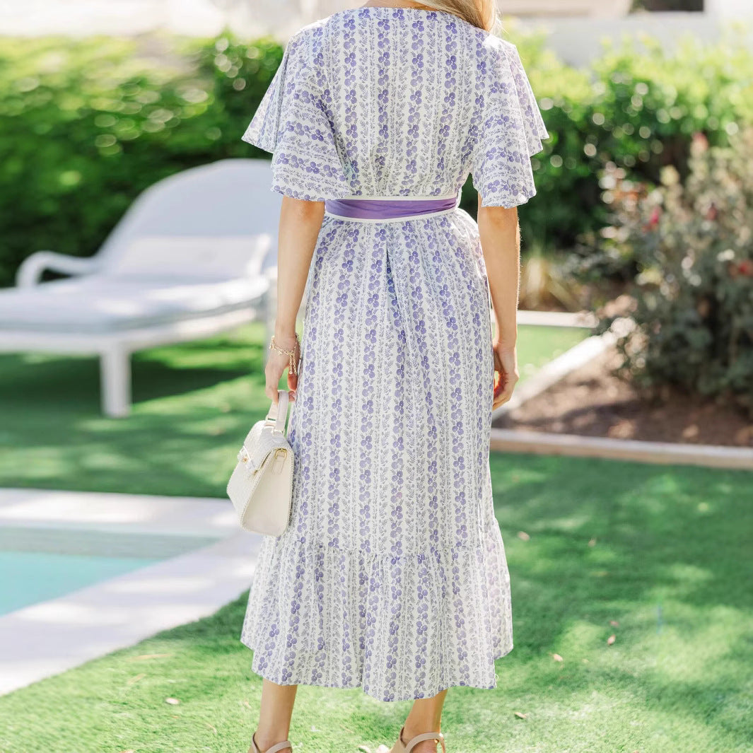 Bohemian Floral Belted Ruffle Dress with V-Neckline, Long Vacation Dress