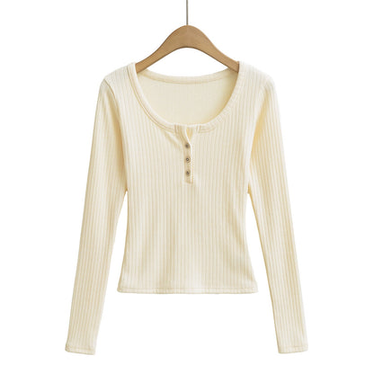 Ladies' Leisure Round-Neck Buttoned Long-Sleeve Shirt