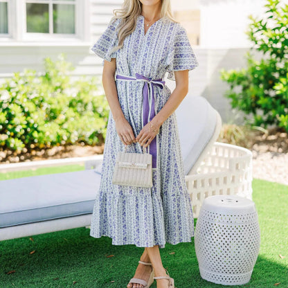 Bohemian Floral Belted Ruffle Dress with V-Neckline, Long Vacation Dress
