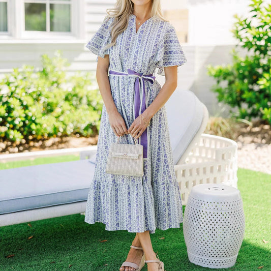 Bohemian Floral Belted Ruffle Dress with V-Neckline, Long Vacation Dress