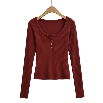 Ladies' Leisure Round-Neck Buttoned Long-Sleeve Shirt
