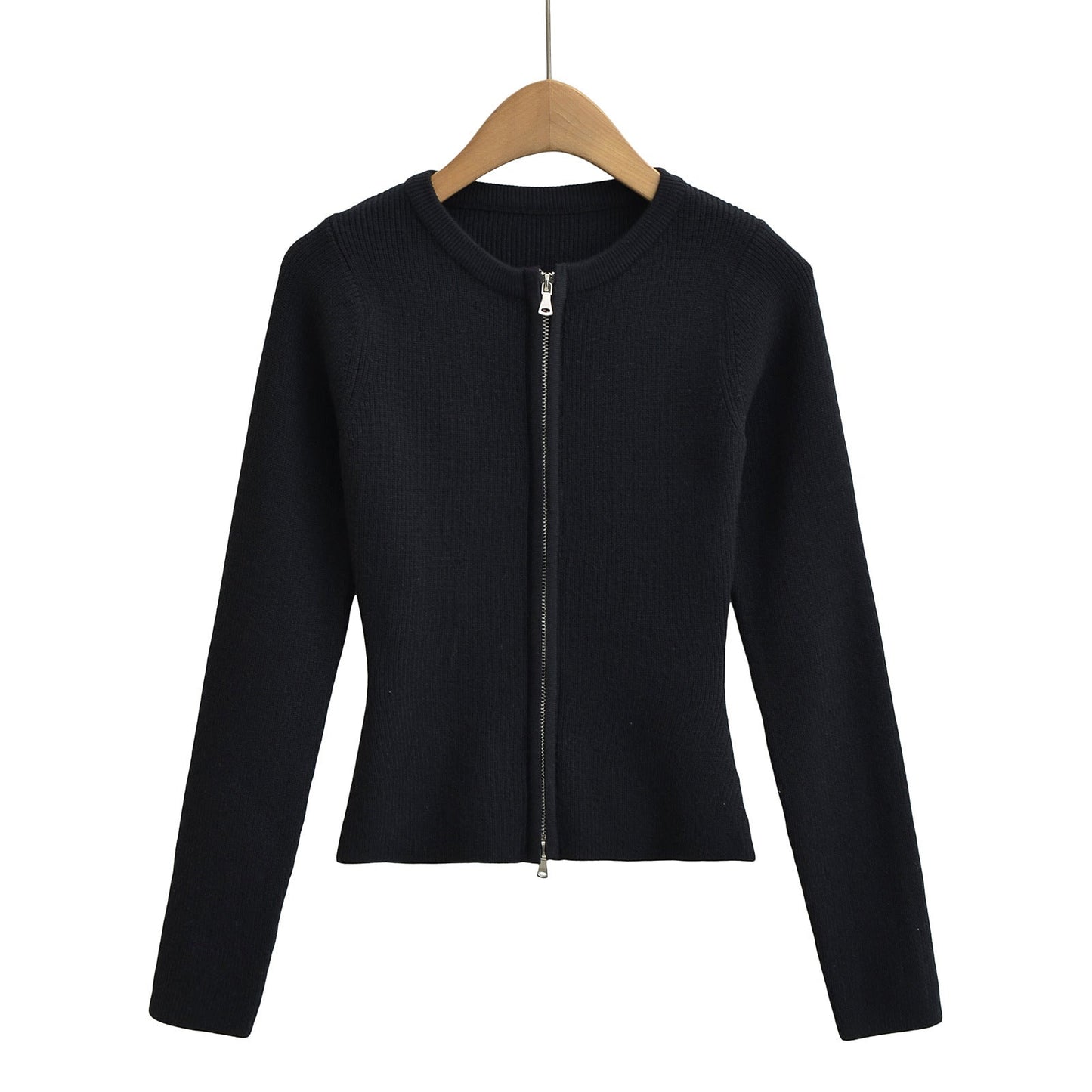 Round neck long sleeved slim fit short cardigan sweater
