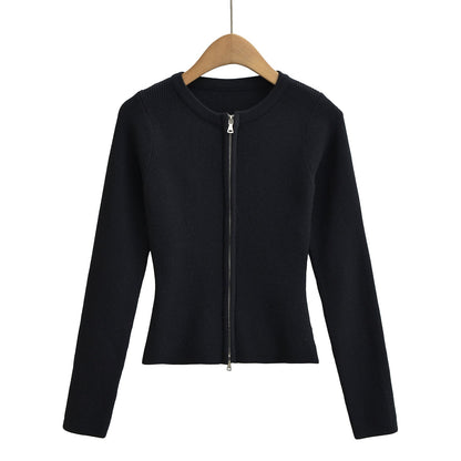 Round neck long sleeved slim fit short cardigan sweater