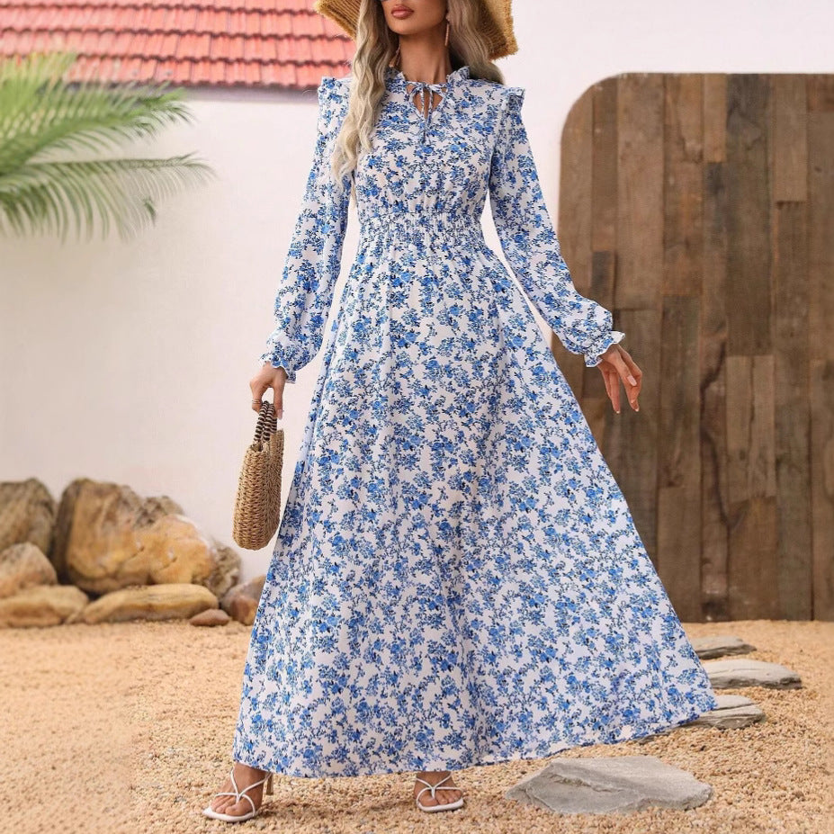 Elegant Lady Corset Long-Sleeved Floral Print Dress