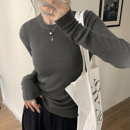Solid Color Slim Fit Basic Tee for Women Round Neck Inner Knitwear