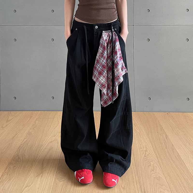 Checkered Patchwork Denim Pants, Vintage Loose Pleated Pants