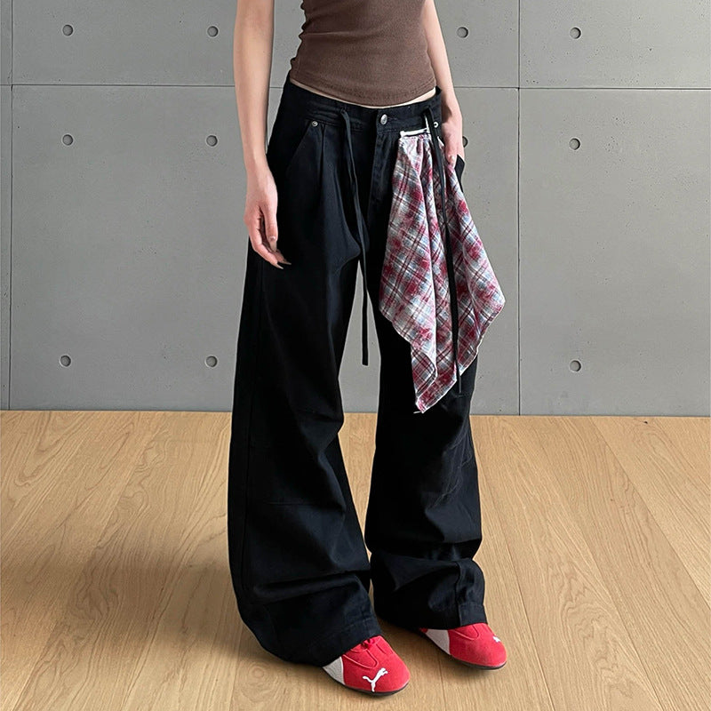 Checkered Patchwork Denim Pants, Vintage Loose Pleated Pants