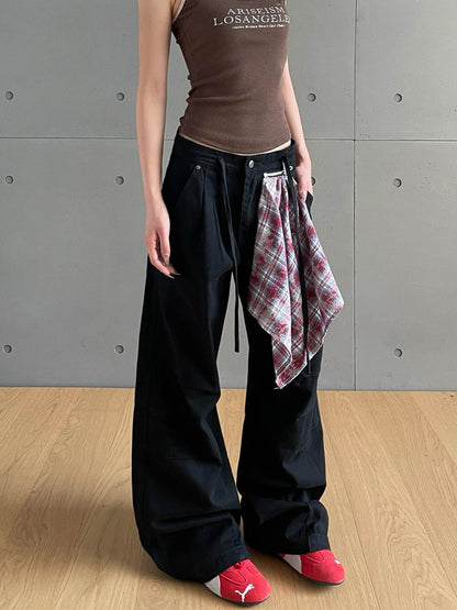 Checkered Patchwork Denim Pants, Vintage Loose Pleated Pants