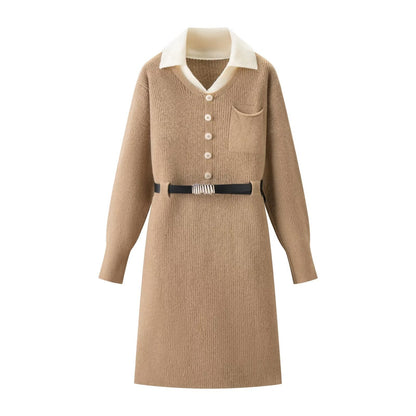 Elegant waist cinching slimming fake two-piece knitted skirt