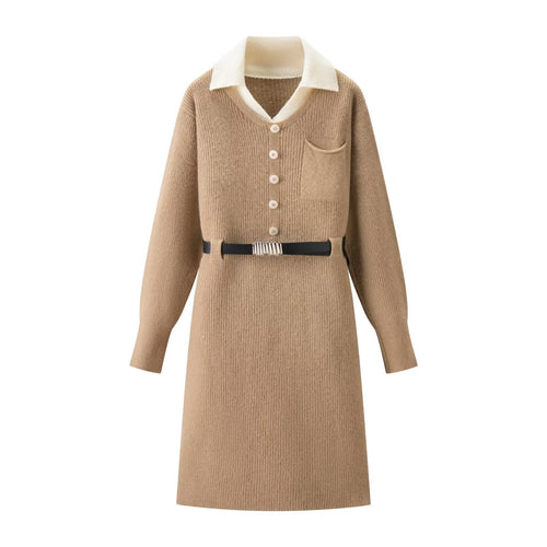 Elegant waist cinching slimming fake two-piece knitted skirt