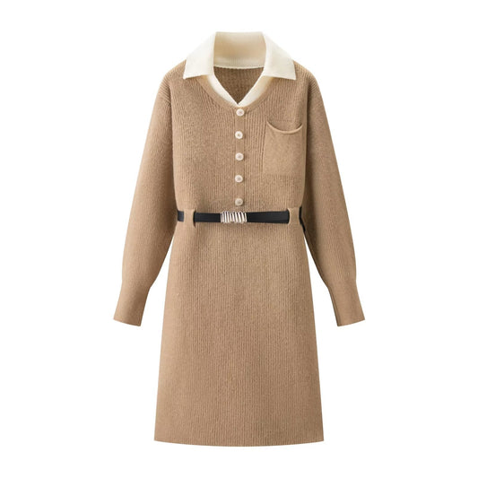 Elegant waist cinching slimming fake two-piece knitted skirt