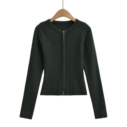Round neck long sleeved slim fit short cardigan sweater