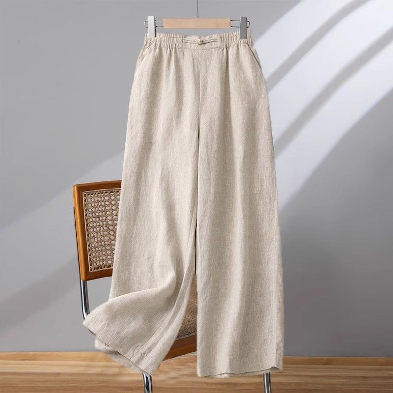 Women's Cotton-Linen Elastic Wide-Leg Capri Pants