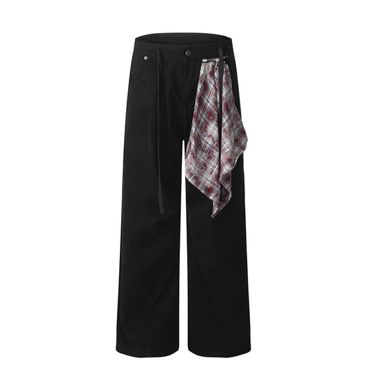 Checkered Patchwork Denim Pants, Vintage Loose Pleated Pants