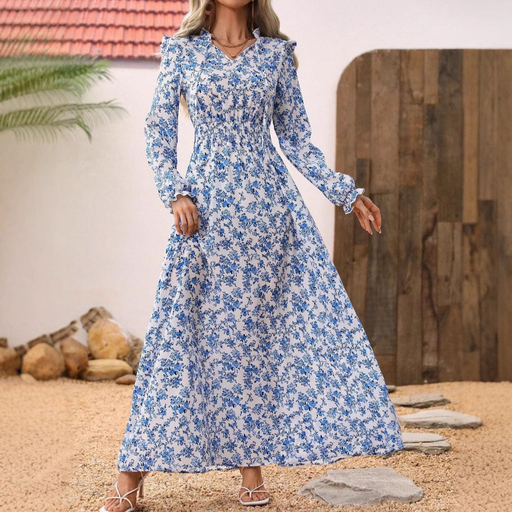Elegant Lady Corset Long-Sleeved Floral Print Dress