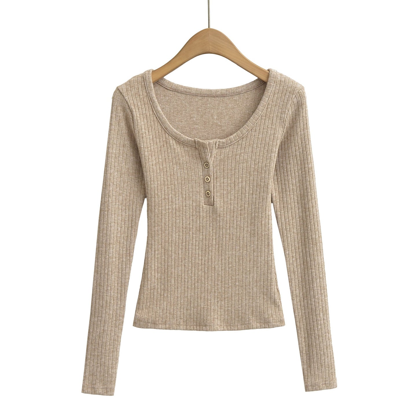 Ladies' Leisure Round-Neck Buttoned Long-Sleeve Shirt