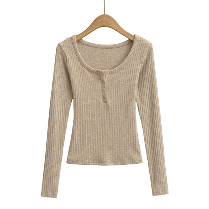 Ladies' Leisure Round-Neck Buttoned Long-Sleeve Shirt